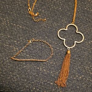 Gold Tassel Clover Pendant Necklace and Bracelet Set Rose Gold Costume Jewelry